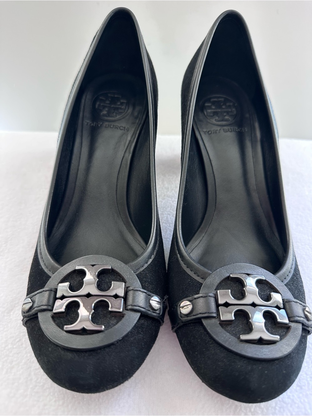 Tory Burch Black Suede Logo Round-Toe Ballet Flats